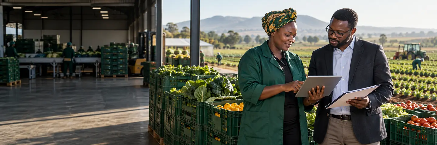Entrepreneure agricole et conseiller étudiant un projet dans un centre de conditionnement
