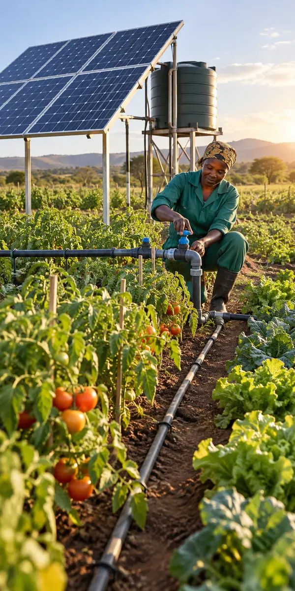 Responsable d’exploitation réglant une irrigation alimentée par énergie solaire