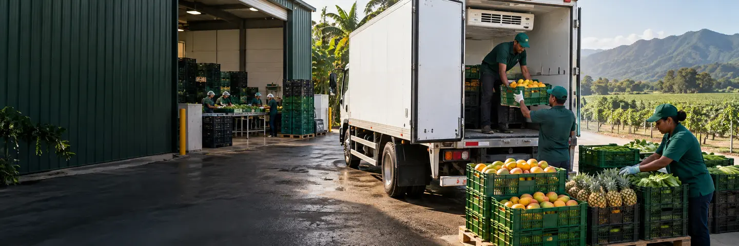 Chargement de fruits et légumes dans un camion frigorifique
