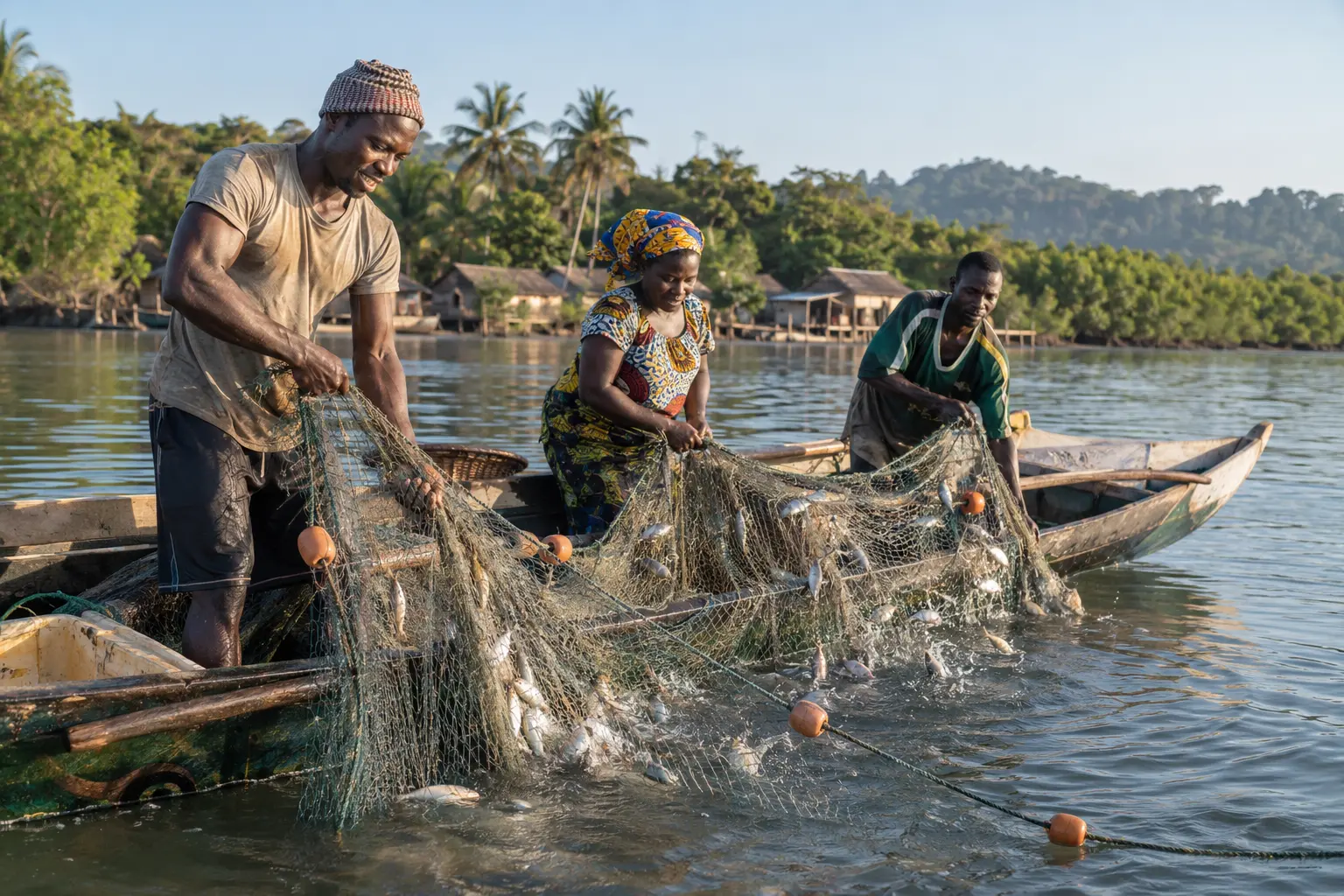 Pêcheurs artisanaux remontant un filet depuis leurs pirogues